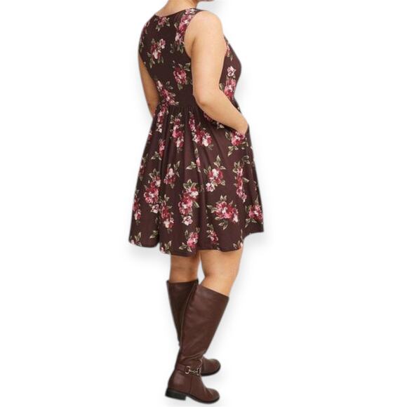Torrid Mini Studio Knit Sleeveless Cowl Neck Floral Dress Brown Red Pink NWT Sz0 - Picture 2 of 11
